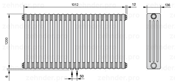 Схема (чертеж) Радиатор Zehnder Charleston 4120/22 №3470 Белый глянцевый RAL 9016